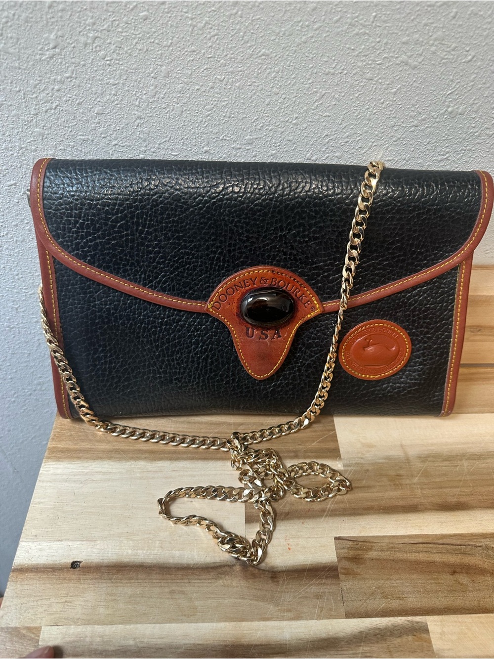 Dooney & Bourke vintage Pebble Leather Clutch with Brown Trim and Gold Chain